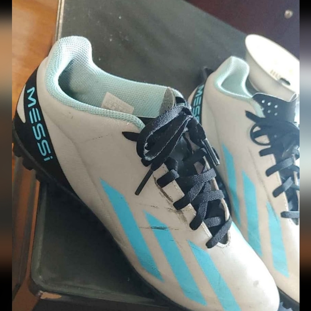 Adidas Messi Cleats White with Blue Stripes